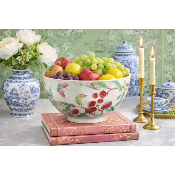 Other - Vintage Chinoiserie Porcelain Fruit Bowl Butterfly Berry Botanical Large